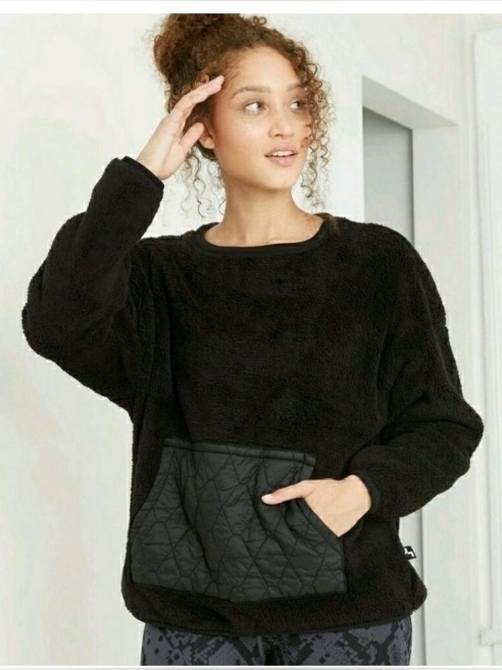 JoyLab XL Black Sherpa Pullover Sweatshirt Quilted Kangaroo Pocket Cozy Lounge